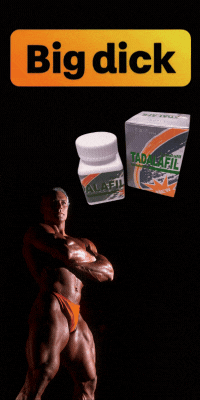 Bodybuilder with Tadalafil pills for erectile dysfunction, text "Big dick