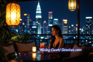 Malay Escort Service KL Sex Call Girl Woman enjoying Kuala Lumpur nightlife with a cocktail, city skyline view. MalayEscortServices.com Malaysia Escorts in Kuala Lumpur