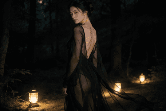 Woman in sheer black dress in dark forest with lanterns. Mysterious and alluring.