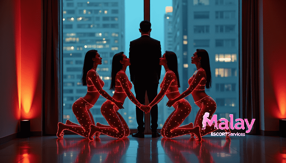 Malay Escort Service Man in suit with four women in glowing red outfits kneeling before him Wangsa Maju Escort Girl