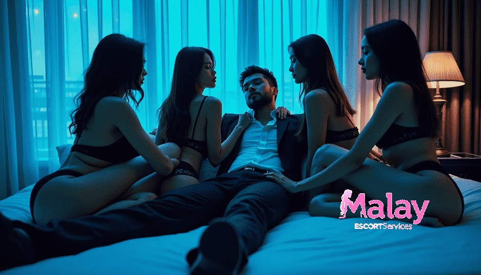 Malay Escort Service Man in suit surrounded by three women in lingerie on a bed KL Escort Girl