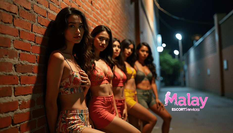 Malay Escort Service Five young women in colorful summer outfits lean against a brick wall in a dimly lit alley at night Setapak Escort Girl