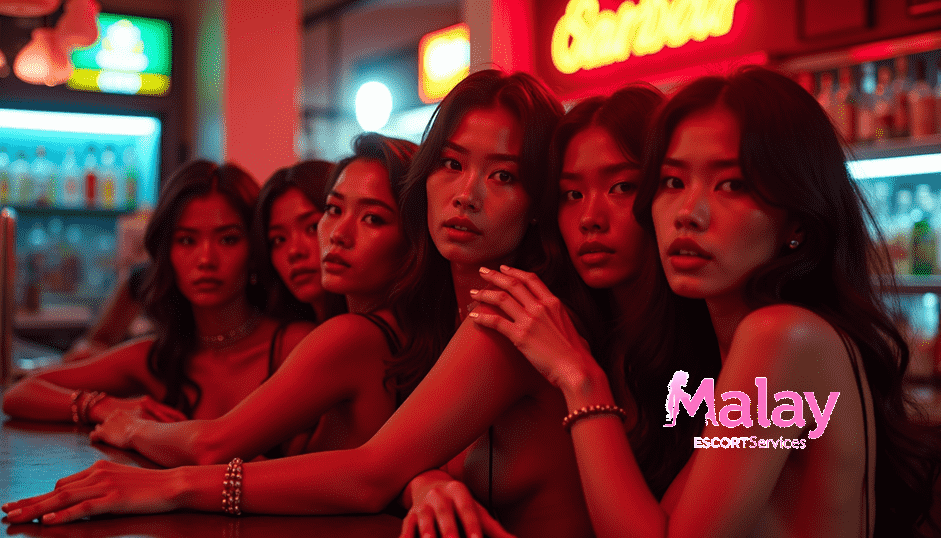 Malay Escort Service Five young women in a dimly lit bar with red neon lighting KL Escort Girl