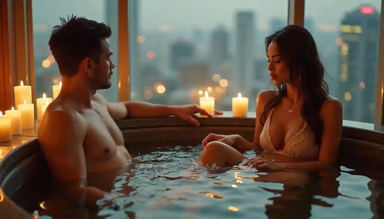 Malay Escort Service Couple relaxing in a luxurious bathtub with city lights view KL Escort Girl