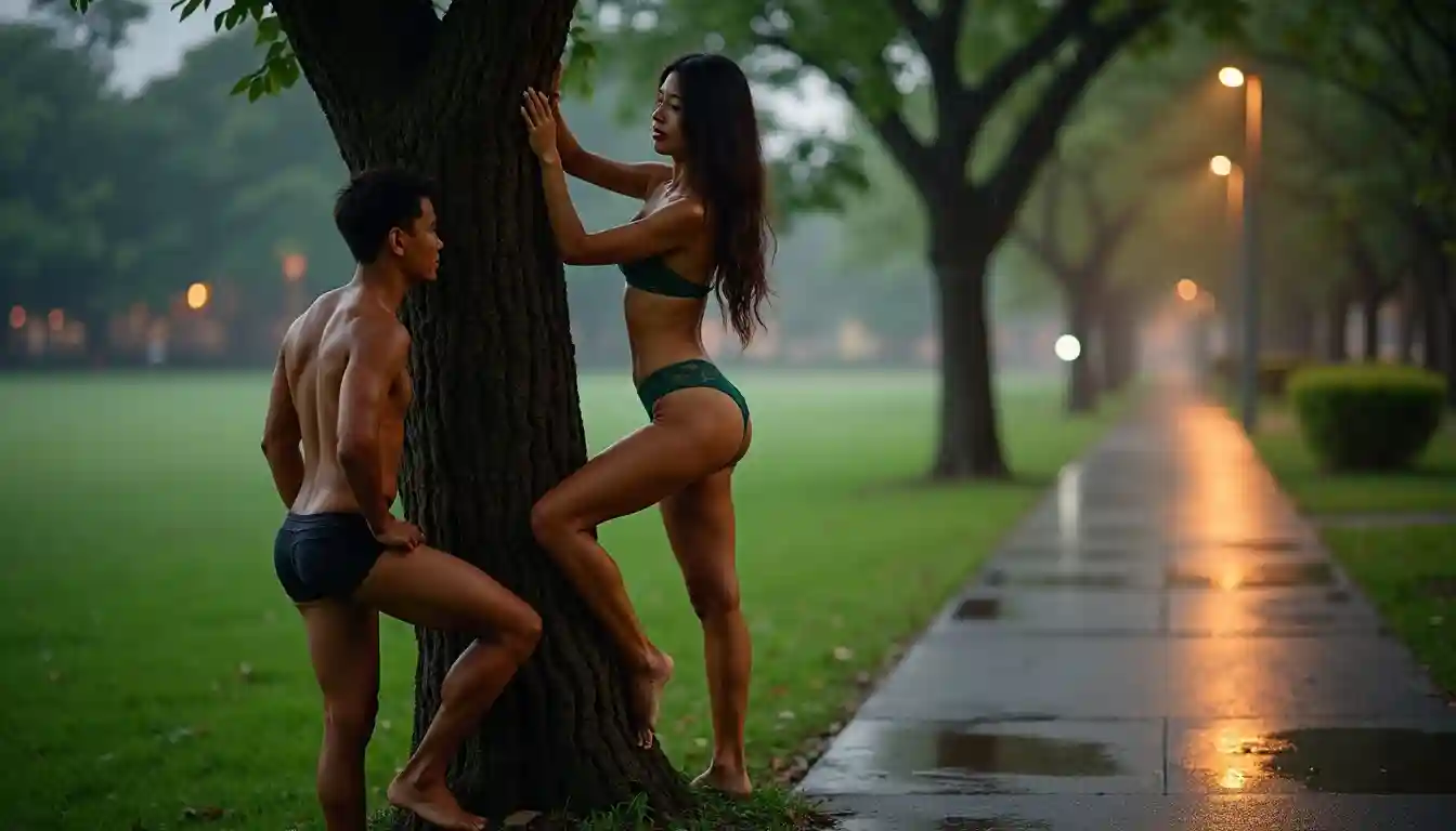 Malay Escort Service Couple posing by a tree in a park during a light rain. KL Escort Girl
