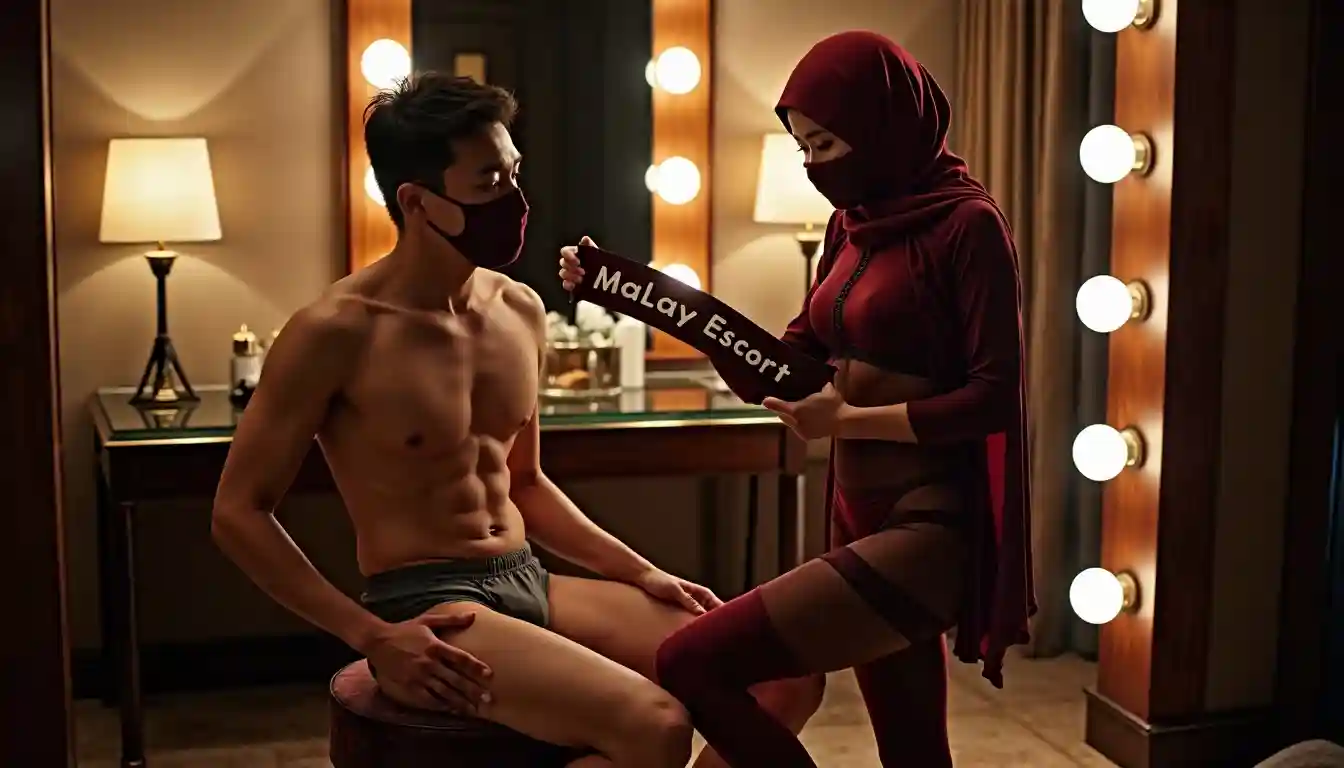 Malay Escort Service Man in underwear and woman in hijab holding "Malay Escort" sign KL Escort Girl