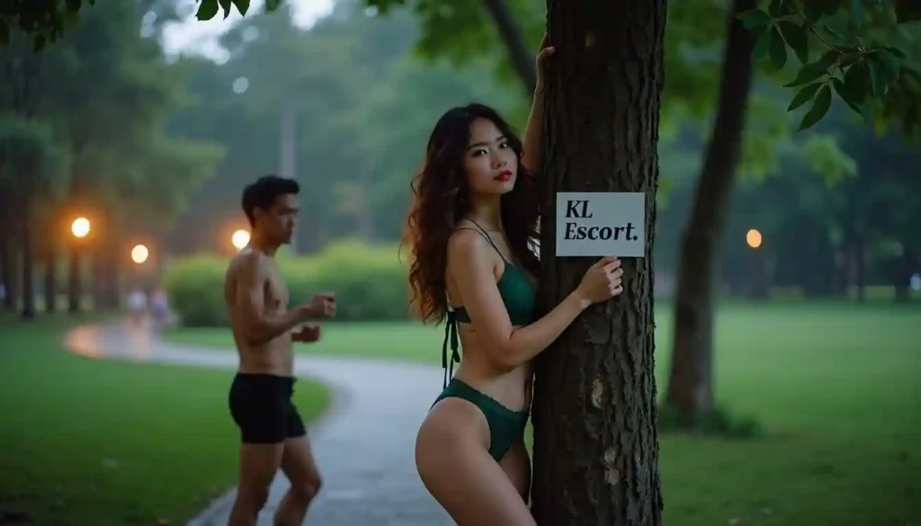 Malay Escort Service Woman in green bikini leaning against tree with "KL Escort" sign; man in background KL Escort Girl