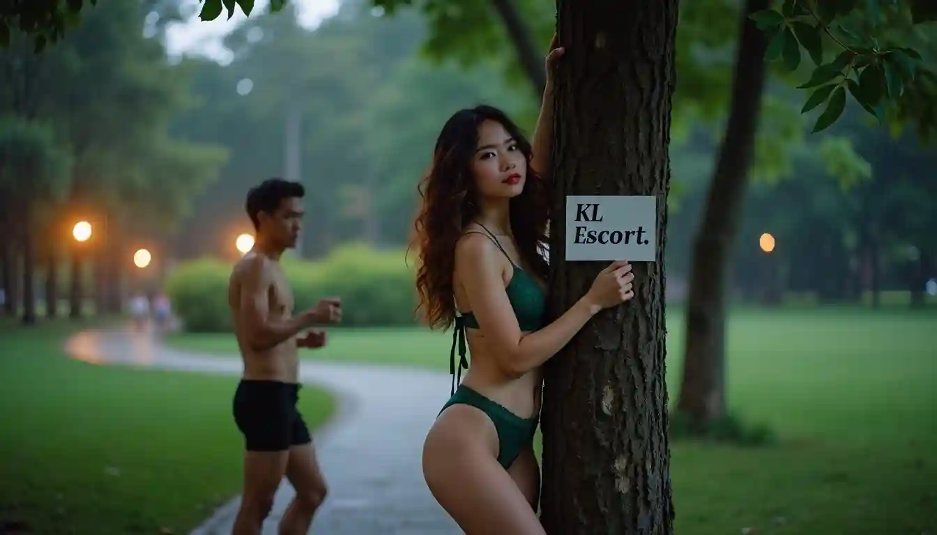 Malay Escort Service Woman in green bikini leaning against tree with "KL Escort" sign; man in background KL Escort Girl