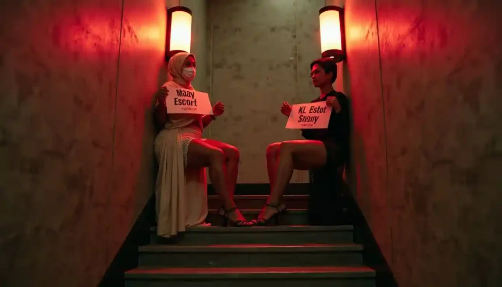 Malay Escort Service Two women sit on stairs holding signs, one reads "Maay Escort", the other "KL Estot Sanny". KL Escort Girl